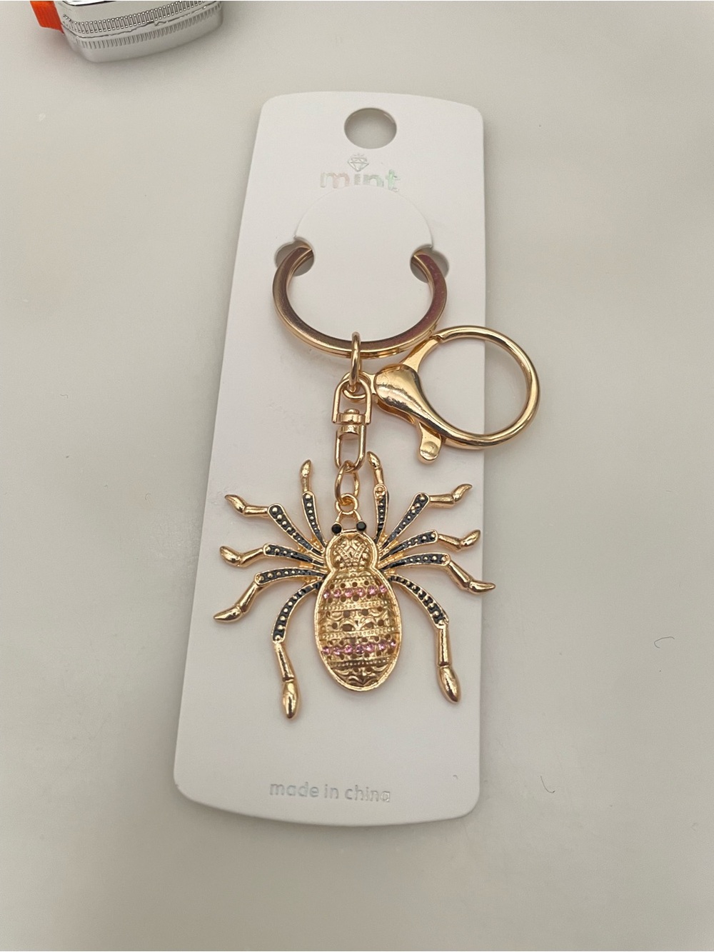 Mint Gold Spider Keychain with Pink Black Gemstones